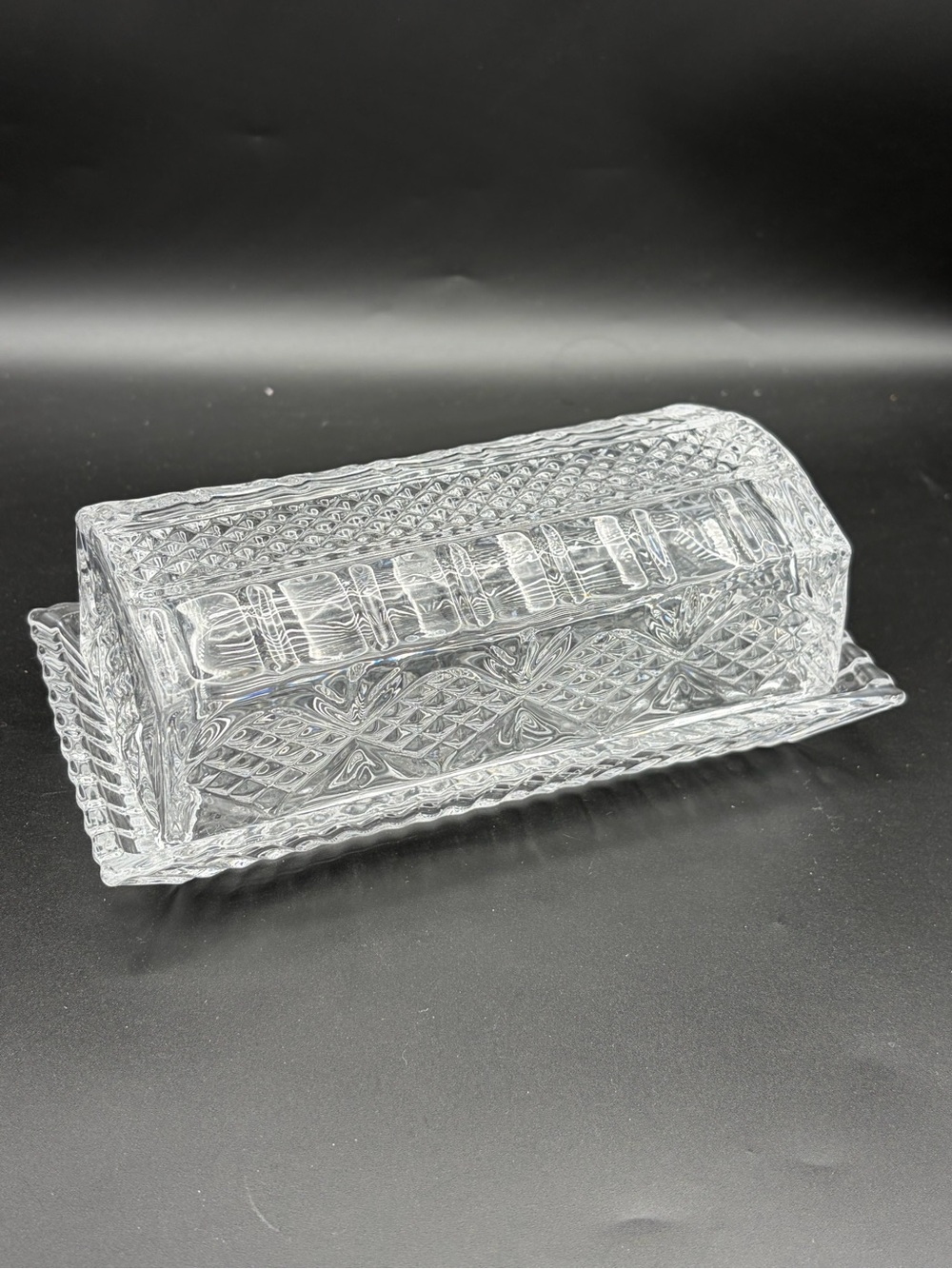 Shannon crystal covered butter dish.